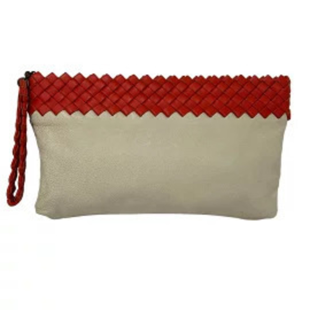 BOTTEGA VENETA Intrecciato Clutch Bag Beige Cream x Red Leather